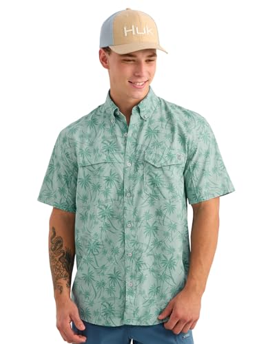 Image of HUK Men's Tide Point Kc Scott Original Artwork Short Sleeve Shirt, Fishing Button Down