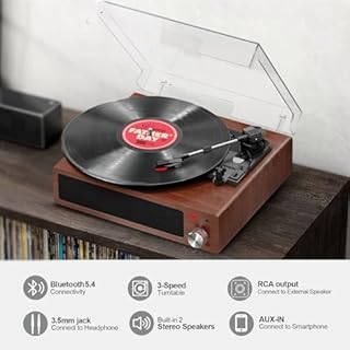 Giradischi Vinile, FYDEE Giradischi Portatile Vintage Bluetooth con 3 Velocità 33/45/78 RPM e 2 Altoparlanti Incorporati, Lettore di Vinile Retro Supporto per Cuffie, RCA, AUX - Noce