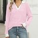 Kenhansion Women's Collared Long Sleeve Shirts Casual V Neck Ribbed Fall Pullover Tops Lightweight Contrast Tunic Sweaters (Pink,Small)