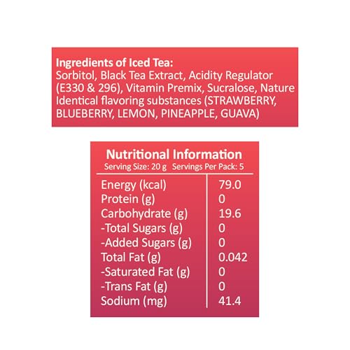 Image of Impulse Coffees Guilt Free Iced Tea Powder - Assorted Variety Pack | 5 Flavors - Lemon, Blueberry, Strawberry, Pineapple, Guava Chilli | Zero Refined Sugar | Vitamin C & B-Complex | 20g X 40 Sachets | 800g