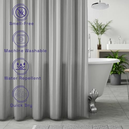 Image of Wakefit Shower Curtain 7 Feet | 14 Free Hooks | No Plastic Smell | Waterproof Bathroom Curtain | Curtain for Balcony | Machine Washable Fabric | Grey Stripes | Height 7ft & Width 6ft | Very Premium