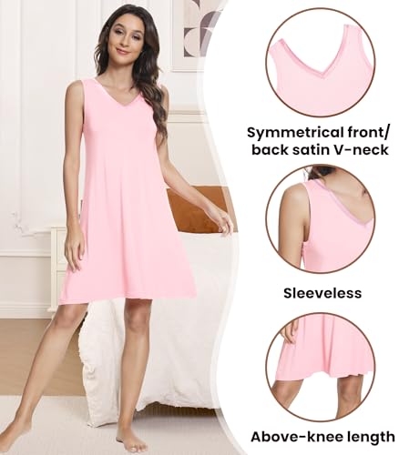 Image of NACHILA Nightgowns for Women-Viscose Made from Bamboo V Neck Nightshirts | Sleeveless Sleep Dress,Satin Sleepshirts,Anti-pilling nightshirt,Moisture-wicking Sleepwear for night sweats,Cooling,OEKOTAX