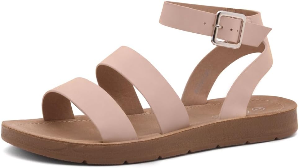 Herstyle Needed Me Women’s Flat Sandals, Open Toe Two Bands with Ankle Strap and Buckle, Lightweight Sandals with Cushioned Footbed for Summer Walking and Daily Wear