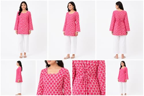 Image of Khoaai Cotton Print Short Kurti for Women | V- Neck Long Sleeve Top for Women | Criss Cross Back Desing Kurti | Relaxed Fit | Casual and Office Wear