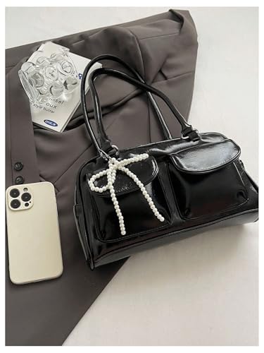 Verdusa Women's Bow Leather Shoulder Handbags Vintage Top Handle Bowling Bag with Pocket3