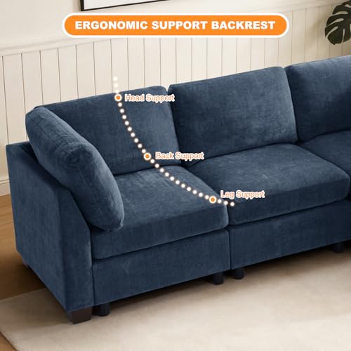 Image of TEKAMON 122 inch Modern Sofa Modular Sectional Couch, 4-Seat Chenille Deep Seat Sofa for Living Room, Bedroom and Apartment, Blue
