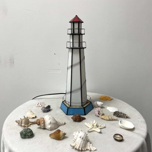 Bieye L10871 Lighthouse Tiffany Style Stained Glass Accent Table Lamp Night Light for Home Decoration (5.5x5.5x15, Blue) - Image 4