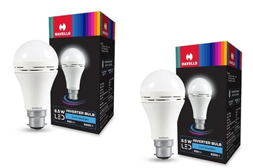 HAVELLS 8.5w LED Emergency Bulb | Shatter Resistant |Cool Day White (6500K) | B22 LED Bulb Base | Inverter Bulb for home,4 Hours battery back up| Li-ion Battery | Over charging Protection (PACK OF 2)