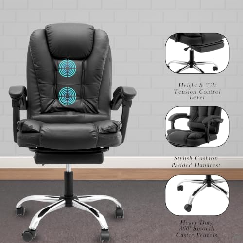 Image of Casa Copenhagen Italia Leatherette Office Chair for Work | Boss Chair, Ergonomic Executive, Luxurious Cushioned Arms & Seat, 2 Point Back Massager, Adjustable Leg Rest, Heavy Duty Metal Base (Black)
