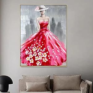 Canvas Schilderij Meisje Met Rode Jurk Olieverf Wall Art voor Woonkamer Slaapkamer Home Decor 30x70cm (12x28in…
