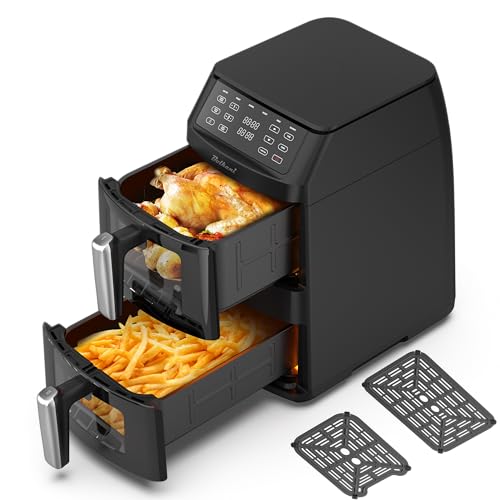 Freidora de aire caliente doble XXL 11 L con 2 cámaras verticales, Smart Finish & Sync, iluminación interior, ojo de buey de cristal, 6 programas automáticos, función grill, pantalla táctil.