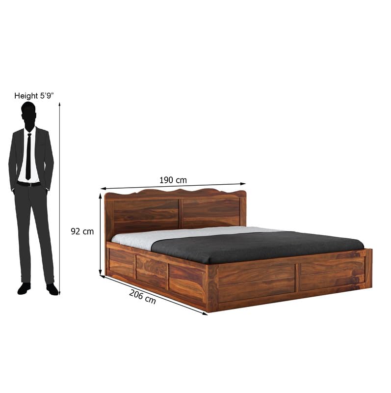 Image of Wooden King Size Bed with Storage | Double Bed Cot Bed with Box Storage for Bedroom & Hotel | Sheesham Wood, Honey, Recommended Mattress Size: 78 X 72