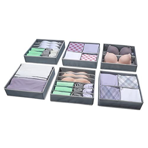 EXYGLO 6 Stück Aufbewahrungsboxen, Schublade Organizer Socken Organizer, Aufbewahrung Schubladen für Unterwäsche, Faltbar Aufbewahrungskisten Stoff für Schrank, Tische,Grau Cover