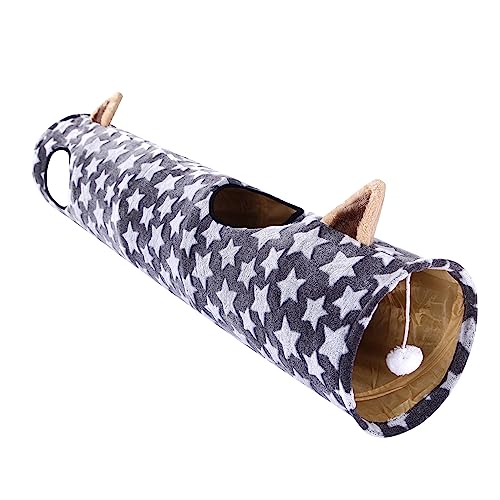 Image of Cat Tunnel -Straight-Shaped, Gray Star Pattern, Soft Velvet Exterior, Oxford Fabric Fog-Proof Interior, Plush Toy Ball, Easily Washable, Conveniently Foldable, 47.2in /120cm