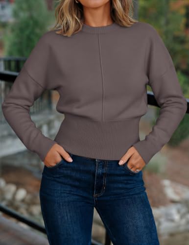Image of ZESICA Women's Fall Sweaters Crewneck Cinched Waist Pullover Tops