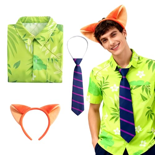XPJBKC 3PCS Zorro Disfraz Accesorios, Carnaval Conjunto con Camiseta Estampada en Verde, Corbata Morada y Oreja de Zorro Diadema, Fox Disfraces Accesorios para Carnaval, Halloween y Cosplay (L)
