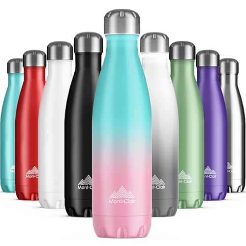 Image of Mont-Clair Stainless Steel Water Bottle, Vacuum insulated - BPA Free, 12h Hot & 24h Cold Drinks, Metal Water Bottle 17 oz Leakproof, Ideal for Adult, Kids, Running - Gradient - Cyan & Pink