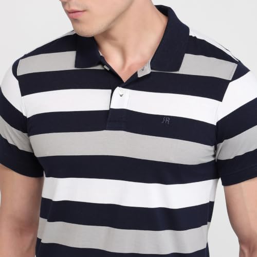 Image of Raymond Men Modern Fit Stripe Pattern Pure Cotton Polo Neck Half Sleeve Casual T-Shirt