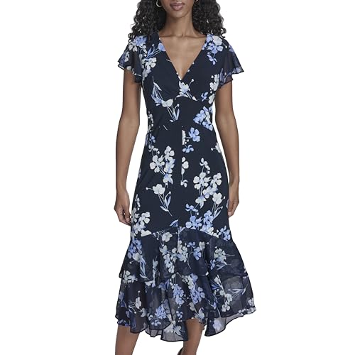 Image of Tommy Hilfiger Women's Flutter Sleeve V-Neck Ruffle Trim Hi-Lo Midi Dress