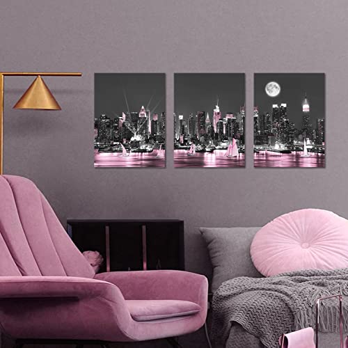 Sycdeor Romantic Black And Pink New York City Night Scenes Canvas Wall Art- Modern Cityscape Sailboat Building Prints Painting For Living Bedroom Home Decor 3Panels Each 12"X16" #TOP3