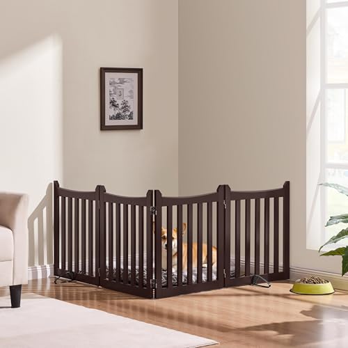 Image of Yaheetech 24in 4-Panel Wooden Freestanding Pet Gate for Indoors Espresso | Dog Fence with 2 Support Feet for Stairs /Doorways /Halls /Kitchen, Foldable for Storage,Easy Assembly,Ideal for Small Pets