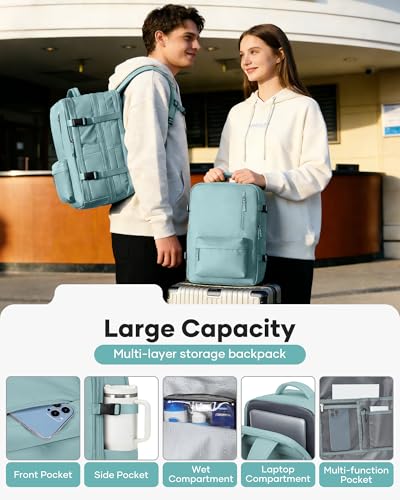 Image of Vacuum Backpack Travel with Pump Carry on Luggage Flight Approved Essentials Personal Item Travel Bag with Vacuum System Waterproof Compression Backpack for Women Men Mochila de Viaje Light Blue