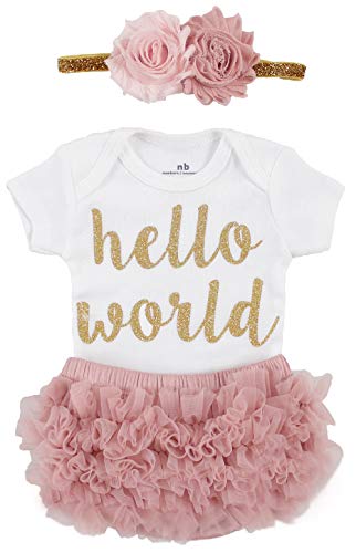 Image of 3pcs Dusty Rose Newborn Baby Girl Coming Home Outfit Hello World Bodysuits