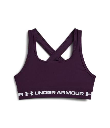Image of Under Armour, Girls, Crossback Mid-Impact Sports Bra (Big Kids), Purple Echo /White, Large, Big Kid