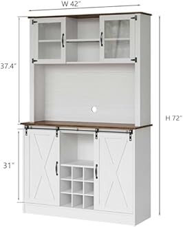4ever2buy Farmhouse Coffee Bar Cabinet with Sliding Barn Doors, 72'' Hutch Cabinet with Storage, White Bar Cabinet with Glass Doors and Wine Rack, Tall Wine Bar for Living Dining Room