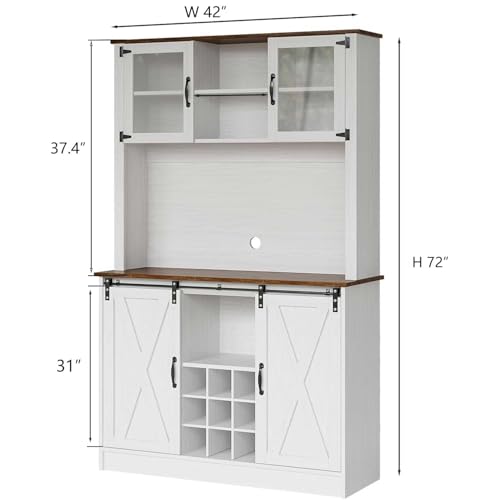 4ever2buy Farmhouse Coffee Bar Cabinet with Sliding Barn Doors, 72'' Hutch Cabinet with Storage, White Bar Cabinet with Glass Doors and Wine Rack, Tall Wine Bar for Living Dining Room