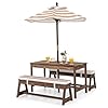 Honey joy kids picnic table outdoor wooden table bench set wremovable cushions and umbrella stripe fabric children backyard furniture for patio garden gift for toddler boys girls age 3coffee  urban country home decor