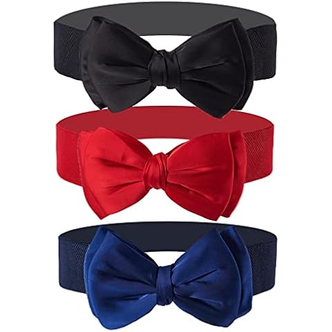 Dorchid 3PCS Women Bow Belt Wide Belt Lady Stretch Cinch Belts for Dress Black Royal Red S Cover