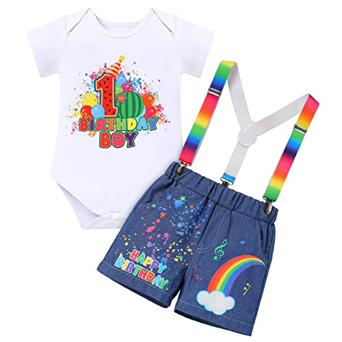 Image of 1st /2nd /3rd /4th /5th Birthday Outfit Boy Short Sleeve Romper /T-shirt+Rainbow Suspenders+Denim Shorts+Birthday Hat 4PCS Clothes
