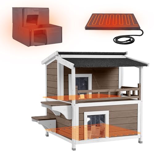 Heated Outdoor Cat House, 2-Story Weatherproof Winter Shelter(White)