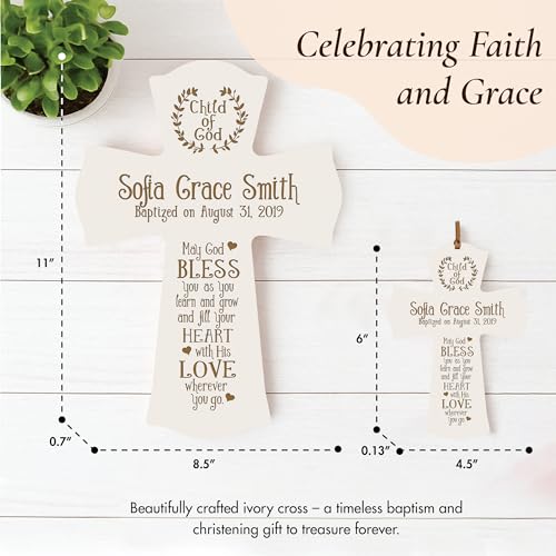 Image of LifeSong Milestones Personalized Ivory Baptism Cross for Girls - Wooden Wall Cross Decoration - Christening, Baby Dedication & First Communion Gifts Ivory 8.5x11