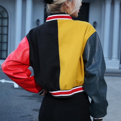 Women's Cropped Casual Jacket Colorblock Varsity Jacket Y2K Baseball Bomber Vintage Streetwear Patched Outerwear4