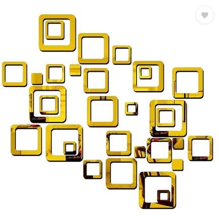 Image of Bikri Kendra - 5 Set Square Golden Decorative Mirror Stickers for Wall, Wall Mirror Stickers, 3D Acrylic Stickers Wall Stickers for Hall Room, Bed Room, Kitchen Living Room Kids Room.