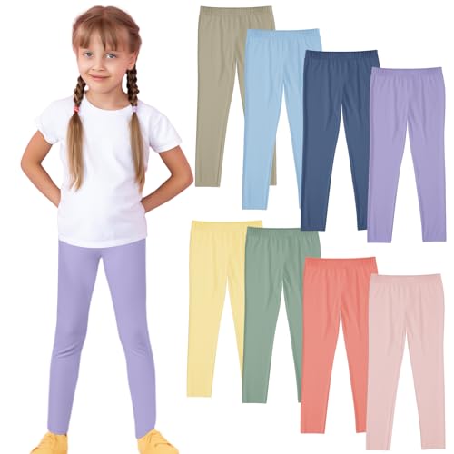 Ramede 8 Pcs Girls Leggings Full Length Solid Color Basic Leggings Soft Comfortable Stretch Tights Pants for Kids Girls Yoga