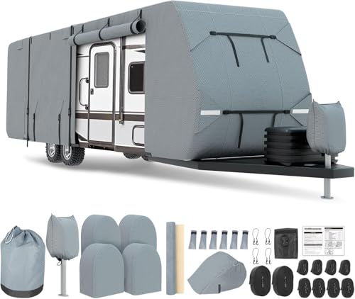 RV Cover 24-27ft Travel Trailer Heavy Duty Extra-Thick 8 Layers Anti-UV Waterproof Windproof Camper Cover with Tongue Jack Cover Extra Windproof Ropes Gutter Covers