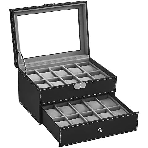 SONGMICS Caja de Relojes con Tapa de Cristal y Cerradura Cover