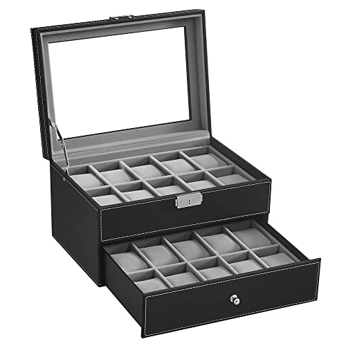 SONGMICS Uhrenbox für 20 Uhren, Uhrenkasten mit Glasdeckel, Uhrenkoffer mit herausnehmbaren Uhrenkissen, Uhrenschatulle, Bezug in Schwarz, graues Samtfutter, als Geschenk, schwarz JWB020