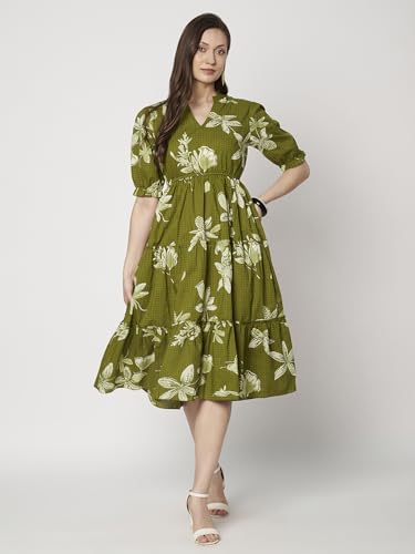 Image of PIDAVLIYA'S Women's Floral Summer Maxi Dress I Cotton Printed I One Piece Bodycon Midi Dress with V-Neck, Puffed Sleeves