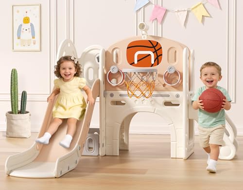 BIERUM 9 in 1 Toddler Slide, Baby Slide for Toddlers Age 1-3 with Ring Toss, Basketball Hoop and Telescope, Indoor Outdoor Playset Playground Beige Coffee