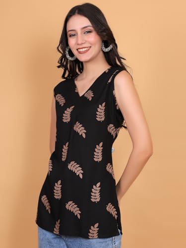 Image of FIMS - Fashion is my style Rayon Short Kurti for Women, Ethnic Printed, Black Sleeveless Kurtis, Summer Wear, Ideal Gift for Girls