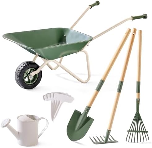 ROBUD Kids Wheelbarrow with Gardening Tools Set, Educational Kids Gardening Set with Kid Wheelbarrow, Toddler Gardening Set, Watering Can, Plant Labels, for Ages 3+ Boys Girls(Green)