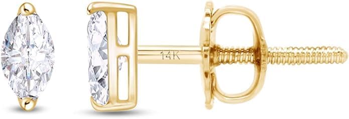 Created Real 925 Sterling Silver 14K Gold Finish Marquise Cut White Diamond Screw Back Stud Earrings Wedding Gift for Women's
