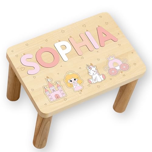 Toddler Step Stool Personalized Name Puzzle Stool 1 2 Year Old Gift Baby Boy Birthday Gift Wooden Toddler Chair Baptism Boy and Girl First Christmas Nursery Decor (Pastel Girl)