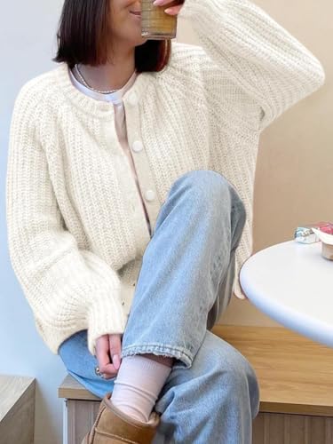 Image of Women's Casual Puff Long Sleeve Crew Neck Cardigan Button Down Open Front Knit Loose Sweater Outwear