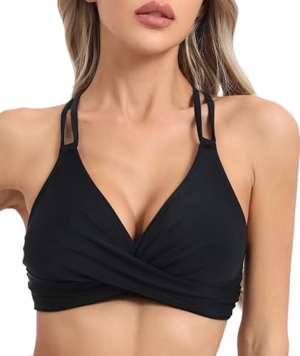 Vogueric Push Up Bikini Tops for Women Twist Front Criss Cross Tie Back Padded Bathing Suit Tops Only Black Medium