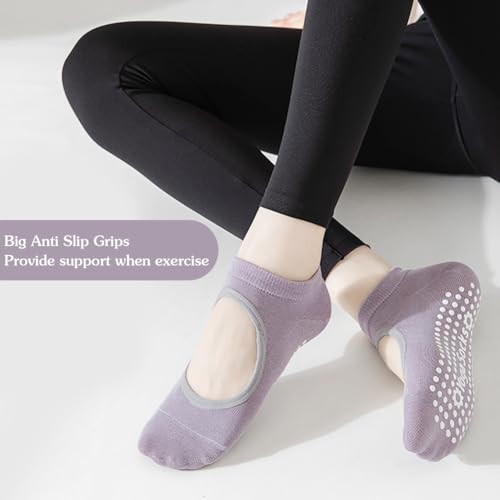 Image of Grip Socks for Women Pilates Socks with Grips Open Top Non Slip Grippy Socks for Yoga, Barre, Lagree, Zumba (Black+Purple)